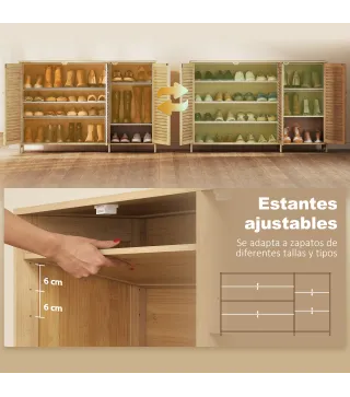 Armario para Zapatos de Bambú con Puertas de Persiana Capacidad para 14 Pares Estantes Ajustables Natural