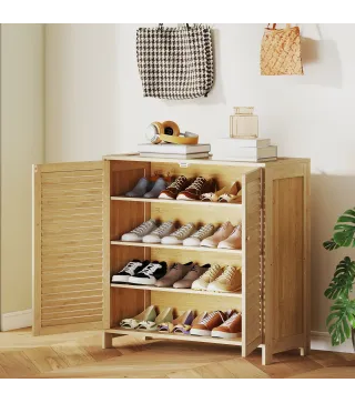 Armario para Zapatos de Bambú con Puertas de Persiana Capacidad para 14 Pares Estantes Ajustables Natural