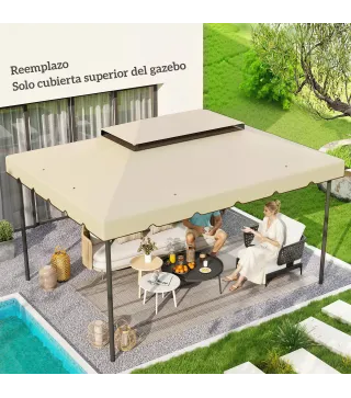 Toldo de Recambio para Cenador 4x3 m con Techo Doble Orificios de Drenaje Solo Toldo NO Incluye Marco Beige