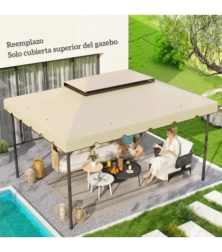 Toldo de Recambio para Cenador 4x3 m con Techo Doble Orificios de Drenaje Solo Toldo NO Incluye Marco Beige