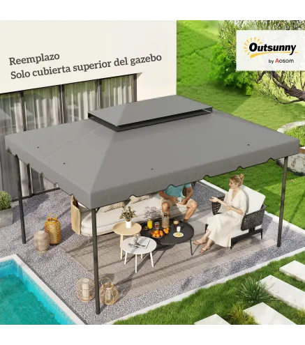 Toldo de Recambio para Cenador 4x3 m con Techo Doble Orificios de Drenaje Solo Toldo NO Incluye Marco Gris Claro