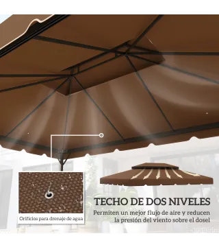 Toldo de Recambio para Cenador 4x3 m con Techo Doble Orificios de Drenaje Solo Toldo NO Incluye Marco Café