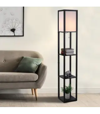 Lámpara de Pie de Madera con 3 Estantes de Almacenaje para Bombilla E27 Potencia Máx. 40W Lámpara Moderna para Salón Dormitorio