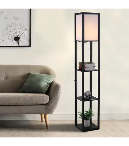 Lámpara de Pie de Madera con 3 Estantes de Almacenaje para Bombilla E27 Potencia Máx. 40W Lámpara Moderna para Salón Dormitorio