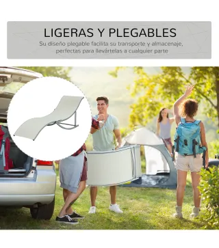 2 Tumbonas Plegables en Forma de S Ergonómica con Marco de Aluminio Texteline para Piscina Patio Jardín Terraza 165x61x63 cm Cre