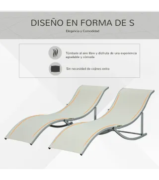 2 Tumbonas Plegables en Forma de S Ergonómica con Marco de Aluminio Texteline para Piscina Patio Jardín Terraza 165x61x63 cm Cre