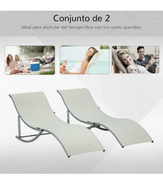 2 Tumbonas Plegables en Forma de S Ergonómica con Marco de Aluminio Texteline para Piscina Patio Jardín Terraza 165x61x63 cm Cre