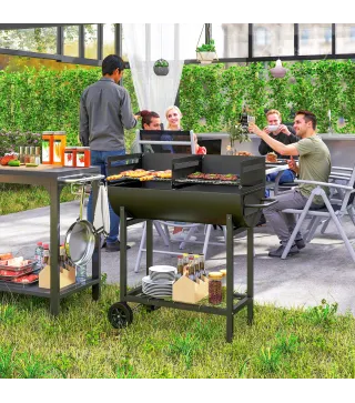 Barbacoa de Carbón con Parrilla Ajustable en Altura para Exterior Barbacoa Portátil con Estante de Almacenaje y Ruedas 90x45x96