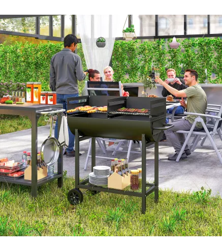 Barbacoa de Carbón con Parrilla Ajustable en Altura para Exterior Barbacoa Portátil con Estante de Almacenaje y Ruedas 90x45x96