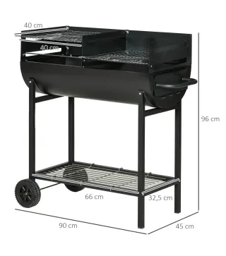 Barbacoa de Carbón con Parrilla Ajustable en Altura para Exterior Barbacoa Portátil con Estante de Almacenaje y Ruedas 90x45x96
