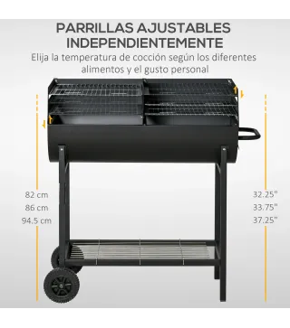 Barbacoa de Carbón con Parrilla Ajustable en Altura para Exterior Barbacoa Portátil con Estante de Almacenaje y Ruedas 90x45x96