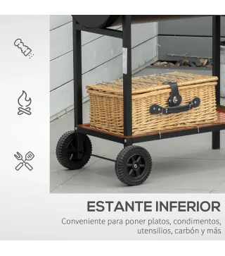 Barbacoa de Carbón con Parrilla Ajustable en Altura para Exterior Barbacoa Portátil con Estante de Almacenaje y Ruedas 90x45x96