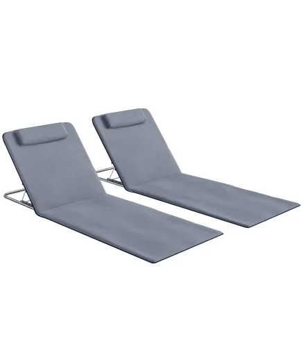 Conjunto de 2 Esterillas con Respaldo Reclinable Reposacabezas y Bolsa de Transporte 134x48x33-43 cm Gris