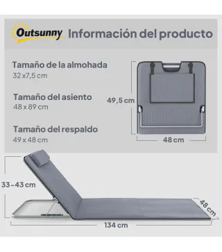 Conjunto de 2 Esterillas con Respaldo Reclinable Reposacabezas y Bolsa de Transporte 134x48x33-43 cm Gris