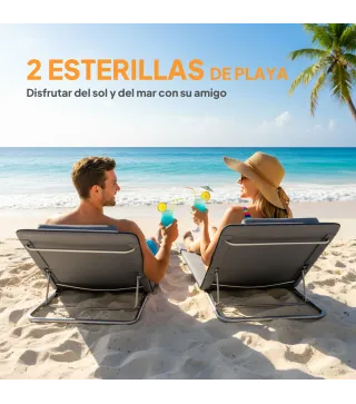 Conjunto de 2 Esterillas con Respaldo Reclinable Reposacabezas y Bolsa de Transporte 134x48x33-43 cm Gris