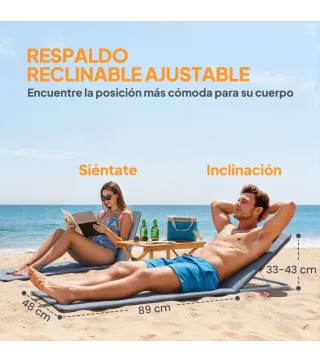 Conjunto de 2 Esterillas con Respaldo Reclinable Reposacabezas y Bolsa de Transporte 134x48x33-43 cm Gris