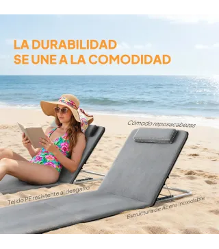 Conjunto de 2 Esterillas con Respaldo Reclinable Reposacabezas y Bolsa de Transporte 134x48x33-43 cm Gris