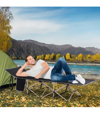 Cama de Acampada con 1 Bolsillo Lateral Bolsa de Transporte y Marco de Acero Carga 150 kg 190x68x52 cm Negro