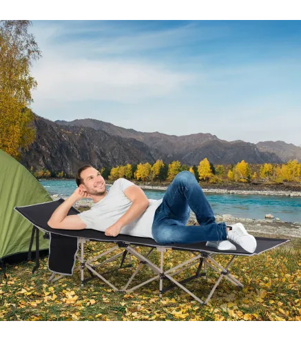 Cama de Acampada con 1 Bolsillo Lateral Bolsa de Transporte y Marco de Acero Carga 150 kg 190x68x52 cm Negro