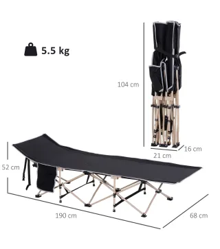 Cama de Acampada con 1 Bolsillo Lateral Bolsa de Transporte y Marco de Acero Carga 150 kg 190x68x52 cm Negro