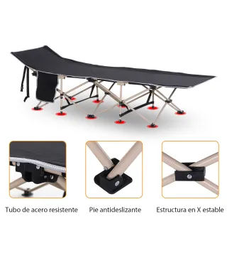 Cama de Acampada con 1 Bolsillo Lateral Bolsa de Transporte y Marco de Acero Carga 150 kg 190x68x52 cm Negro
