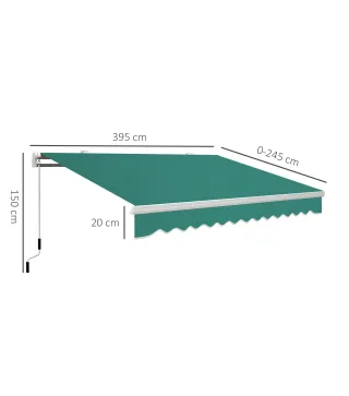 Toldo Manual 395x245 cm con Manivela Toldo Balcón Patio Terraza de Aluminio y Tejido Poliéster 280 g/m² Anti-UV Verde