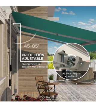 Toldo Manual 395x245 cm con Manivela Toldo Balcón Patio Terraza de Aluminio y Tejido Poliéster 280 g/m² Anti-UV Verde