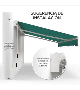 Toldo Manual 395x245 cm con Manivela Toldo Balcón Patio Terraza de Aluminio y Tejido Poliéster 280 g/m² Anti-UV Verde