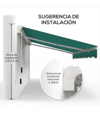 Toldo Manual 395x245 cm con Manivela Toldo Balcón Patio Terraza de Aluminio y Tejido Poliéster 280 g/m² Anti-UV Verde