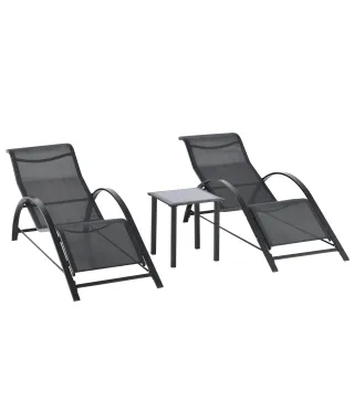 Set de 2 Tumbonas Jardín Exterior con Mesa Auxiliar de Vidrio Templado Tumbonas con Respaldo Reposabrazos para Patio Piscina Ter