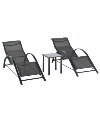 Set de 2 Tumbonas Jardín Exterior con Mesa Auxiliar de Vidrio Templado Tumbonas con Respaldo Reposabrazos para Patio Piscina Ter