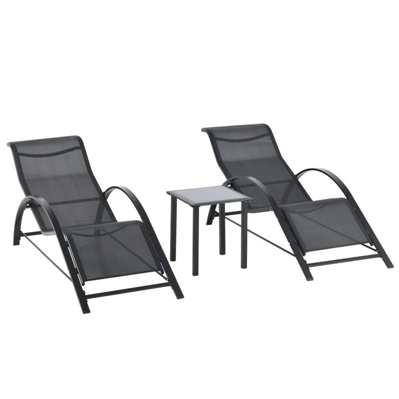 Set de 2 Tumbonas Jardín Exterior con Mesa Auxiliar de Vidrio Templado Tumbonas con Respaldo Reposabrazos para Patio Piscina Ter