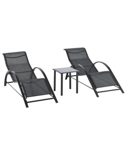 Set de 2 Tumbonas Jardín Exterior con Mesa Auxiliar de Vidrio Templado Tumbonas con Respaldo Reposabrazos para Patio Piscina Ter