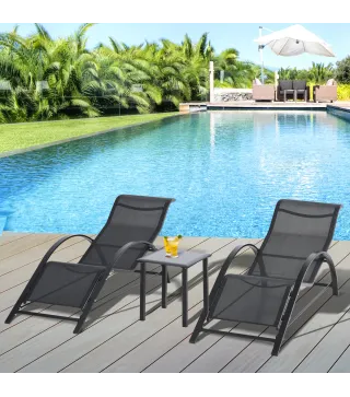 Set de 2 Tumbonas Jardín Exterior con Mesa Auxiliar de Vidrio Templado Tumbonas con Respaldo Reposabrazos para Patio Piscina Ter