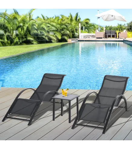 Set de 2 Tumbonas Jardín Exterior con Mesa Auxiliar de Vidrio Templado Tumbonas con Respaldo Reposabrazos para Patio Piscina Ter