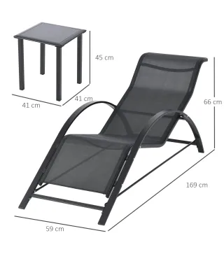 Set de 2 Tumbonas Jardín Exterior con Mesa Auxiliar de Vidrio Templado Tumbonas con Respaldo Reposabrazos para Patio Piscina Ter