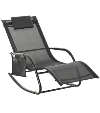 Mecedora de Exterior Tumbona Mecedora con Reposabrazos Reposacabezas Acolchado y Bolsillo Lateral 150x62x88 cm Negro