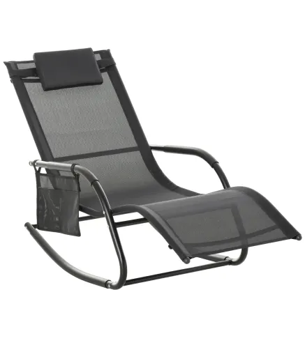 Mecedora de Exterior Tumbona Mecedora con Reposabrazos Reposacabezas Acolchado y Bolsillo Lateral 150x62x88 cm Negro