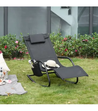 Mecedora de Exterior Tumbona Mecedora con Reposabrazos Reposacabezas Acolchado y Bolsillo Lateral 150x62x88 cm Negro