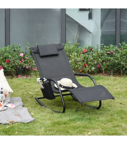 Mecedora de Exterior Tumbona Mecedora con Reposabrazos Reposacabezas Acolchado y Bolsillo Lateral 150x62x88 cm Negro