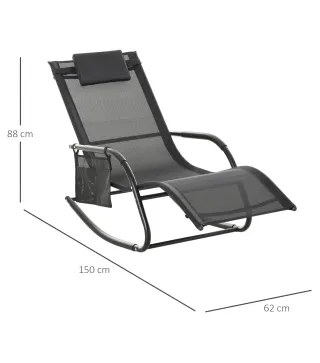 Mecedora de Exterior Tumbona Mecedora con Reposabrazos Reposacabezas Acolchado y Bolsillo Lateral 150x62x88 cm Negro
