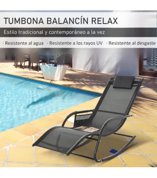 Mecedora de Exterior Tumbona Mecedora con Reposabrazos Reposacabezas Acolchado y Bolsillo Lateral 150x62x88 cm Negro