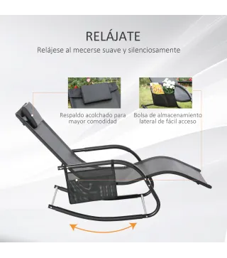 Mecedora de Exterior Tumbona Mecedora con Reposabrazos Reposacabezas Acolchado y Bolsillo Lateral 150x62x88 cm Negro