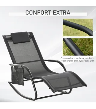Mecedora de Exterior Tumbona Mecedora con Reposabrazos Reposacabezas Acolchado y Bolsillo Lateral 150x62x88 cm Negro