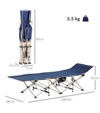 Cama de Acampada con 1 Bolsillo Lateral Bolsa de Transporte y Marco de Acero Carga 150 kg 190x68x52 cm Azul