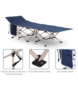 Cama de Acampada con 1 Bolsillo Lateral Bolsa de Transporte y Marco de Acero Carga 150 kg 190x68x52 cm Azul