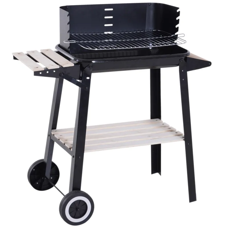 Barbacoa de Carbón Vegetal BBQ con Altura de Parrilla Ajustable Estantes y Ruedas para Exterior 83x46x87 cm Negro