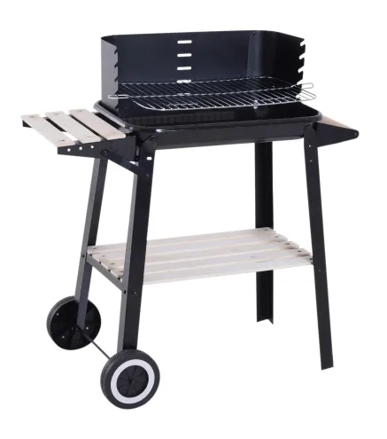 Barbacoa de Carbón Vegetal BBQ con Altura de Parrilla Ajustable Estantes y Ruedas para Exterior 83x46x87 cm Negro
