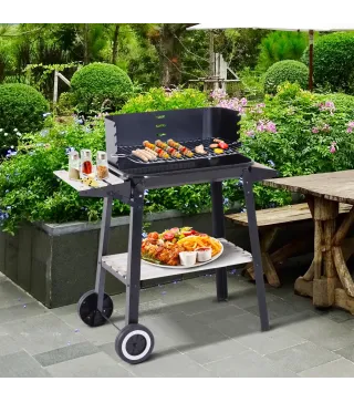 Barbacoa de Carbón Vegetal BBQ con Altura de Parrilla Ajustable Estantes y Ruedas para Exterior 83x46x87 cm Negro
