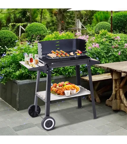 Barbacoa de Carbón Vegetal BBQ con Altura de Parrilla Ajustable Estantes y Ruedas para Exterior 83x46x87 cm Negro